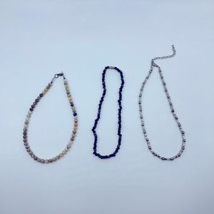 3 Necklaces: Polished Stone Beads, Hematite Beads, Steel Beads